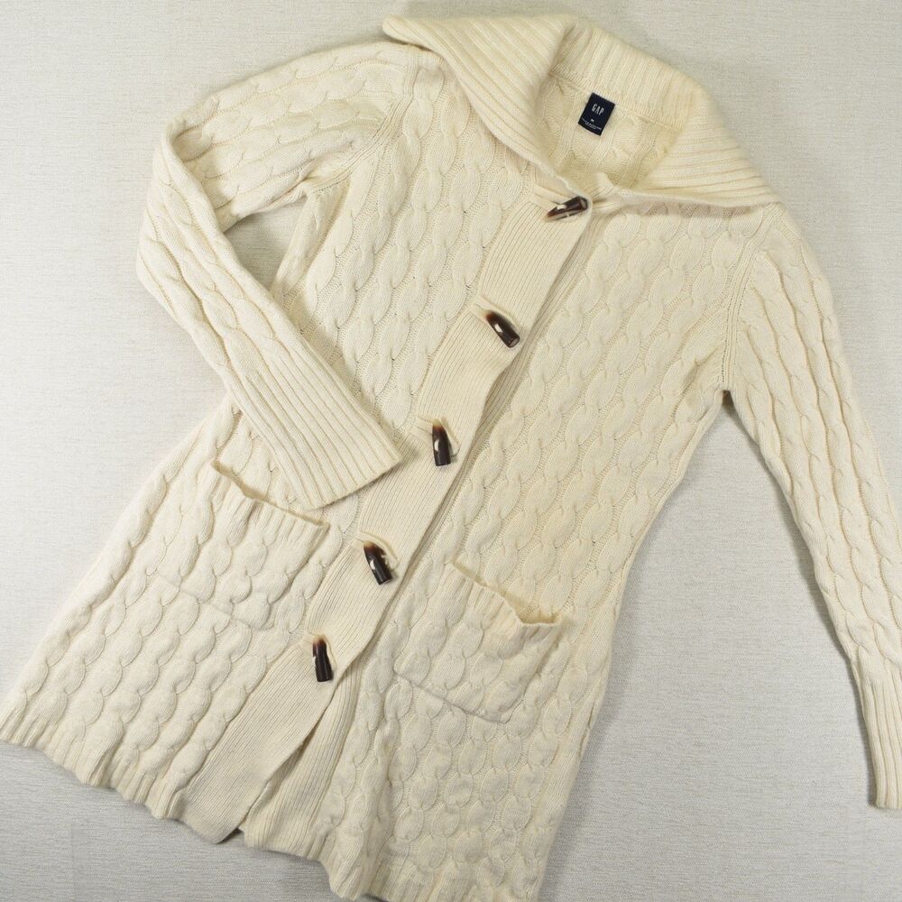 Vintage GAP Womens Medium Cream Cable Knit Long Cardigan Wool Angora Sweater